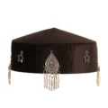 Handmade Kazakh ethnic black hat with silver pendants, retro fashion traditional costume accessory. - Feather Black