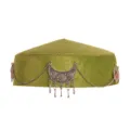 Kazakh ethnic green velvet hat with silver crescent pendant and vintage chain, stylish cap. - Cylindrical Style Green