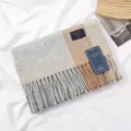 Winter warm imitation cashmere plaid scarf with fringe soft cozy classic tartan neck wrap for men women - 灰米驼交织格子