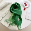 Sciarpa invernale verde in eco cashmere, doppia faccia tinta unita lunga con frange donna. - Verde Doppia Faccia