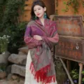 Ethnic style paisley print women shawl winter warm thick cashmere feel fringe cape scarf - 354 Purple Rose Red