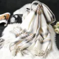 Cozy winter plaid imitation cashmere scarf for women, thick warm retro tassel shawl. - Plaid White