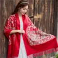 Red embroidered imitation cashmere shawl, ethnic style winter warm tassel scarf detail view. - Burgundy