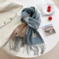 Winter fashion two-tone imitation cashmere scarf with tassels, cozy and warm long wrap. - Double-Sided Gray Blue