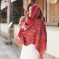 Bohemian red paisley hooded shawl for women, warm tassel cashmere feel cape for travel. - 354 Bright Red