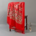 Sciarpa finta cashmere ricamata rossa inverno frangia etnica scialle caldo per donna elegante - Rosso