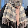 Cozy winter plaid scarf with cute heart patterns and soft fringe detail for women warmth. - Pink Base Heart Beige Gray Plaid