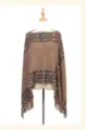 Detailed view of retro ethnic style knitted shawl with geometric patterns and fringe. - Camel