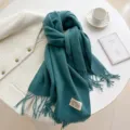 Dark green winter imitation cashmere scarf with fringe, stylish and warm daily accessory - Lake Blue