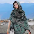 Bohemian Paisley Cashmere-Feel Fringe Shawl Wrap Scarf for Women Ethnic Travel Style - Green - YF356 Dark Green