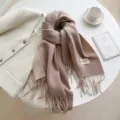 Winter warm reversible imitation cashmere scarf for women, solid color long tassel shawl. - Reversible Khaki