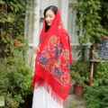 Donna Inverno Caldo Ricamato Paisley Finto Cashmere Sciarpa Elegante Frangia Variante - Rosso Vivo