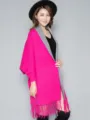 Donna elegante color block maniche a pipistrello poncho inverno caldo frange nappe cardigan cappa - Rosso Rosa Grigio