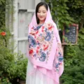 Pink paisley embroidered cashmere feel scarf for women winter warm fringe shawl boho style - Pink