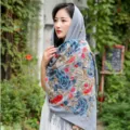 Autumn winter embroidered cashmere feel scarf ethnic paisley tassel warm shawl for women - Gray