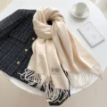 Solid color cashmere feel long tassel scarf for women, warm winter fashion cozy accessory. - Double-Sided Beige