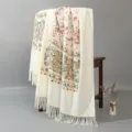 Autumn winter imitation cashmere scarf elegant ethnic floral embroidered tassel shawl warm wrap - White