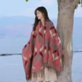 Bohemian paisley print women shawl winter warm cashmere feel tassel cape outdoor fashion scarf - YF357 Wine Red