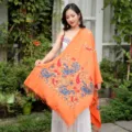 Orange paisley embroidered cashmere scarf and shawl with tassels for women autumn winter. - Orange