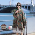 Ethnic retro print cape shawl for women, thickened cashmere feel warm winter fashion scarf. - Green & Orange Paisley Ethnic Shawl