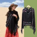 Poncho in maglia stile etnico vintage con frange, scialle maglione caldo e spesso da viaggio donna. - Nero