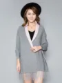 Grey cashmere feel knit cape with sleeves pink lapel fringe stylish winter poncho for women - Gray Pink