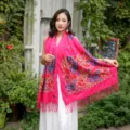 Autumn winter women embroidered cashmere feel scarf ethnic paisley tassel shawl wrap warm wool - Rose Red