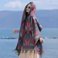 Women bohemian paisley hooded cashmere feel shawl cape fringe winter fashion scarf wear - YF357 Haging Green