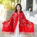 Sciarpa cashmere ricamata rossa donna inverno calda etnica floreale nappa scialle elegante - Rosso