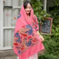 Women winter cashmere feel scarf paisley embroidered shawl fringe tassel wrap pink scarf - Watermelon red