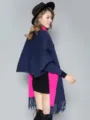 Women stylish winter colorblock poncho cape with sleeves fringe warm outerwear new. - Navy Rose Red