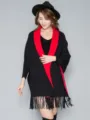 Stylish autumn winter sleeved cape cloak with red lapel and fringe hem for women. - Black And Red