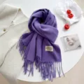 Purple imitation cashmere winter scarf with long tassels, cozy solid color warm winter shawl for women. - Double-Sided Purple