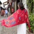 Autumn winter ethnic style cashmere wool scarf with paisley embroidery and elegant fringe detail. - Wine Red