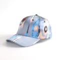 Close up detail of Xinjiang Atlas style abstract printed baseball cap with curved brim and panels. - Atlas Pattern 12