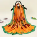 Silk satin long scarf with ethnic print, orange and green versatile accessory for women. - Pattern One Print Seven