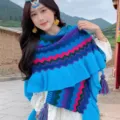 Ethnic style knitted tassel shawl, warm winter cape with colorful zigzag patterns for women. - Ruffle 3# (Blue)