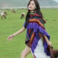 Ethnic style knitted poncho with ruffles and tassels, warm winter travel wrap for women. - Ruffle 4# (Purple)
