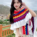 Ethnic style knitted shawl with vibrant wave patterns and fringe tassels for travel and warmth. - Ruffle 5# (Rose Red)