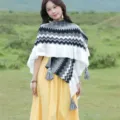 Knit poncho for women, ethnic style chevron pattern shawl with tassels and ruffled edge. - Ruffle 7# (Gray)