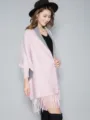 Stylish pink knitted cape with grey collar fringe, warm sleeve design variant for women. - Pink Gray