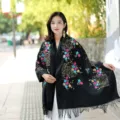 Donna inverno caldo cashmere scialle etnico ricamato floreale frange sciarpa nero chic - Nero