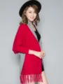 Stylish Women Autumn Winter Sleeved Cape Poncho Tassel Fringe Colorblock Shawl Coat - Jujube Red and Gray