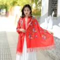 Women red embroidered cashmere scarf ethnic style floral winter warm versatile tassel shawl. - Orange Red