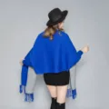 Women stylish blue grey colorblock sleeved poncho shawl winter warm thick imitation cashmere cape - Sapphire Blue