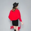 Red and grey sleeved cape shawl with fringe hem, stylish warm imitation cashmere outerwear. - Red Gray