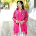 Women winter warm cashmere scarf pink ethnic embroidered floral fringe shawl wrap stylish - Rose Red