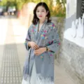 Women's grey embroidered cashmere shawl scarf autumn winter warm floral tassel wrap - Gray