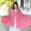 Pink embroidered cashmere scarf winter warm tassel shawl ethnic style women fashion gift - Watermelon red