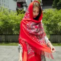 Ethnic style embroidered cashmere feel scarf, winter warm tassel shawl for women. - Orange Red